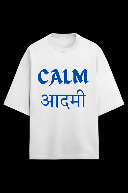 "CALM AADMI" WHITE OVERSIZED TERRY T-SHIRT