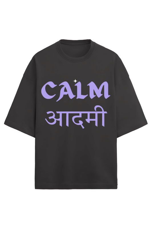 "CALM AADMI" BLACK OVERSIZED TERRY T-SHIRT