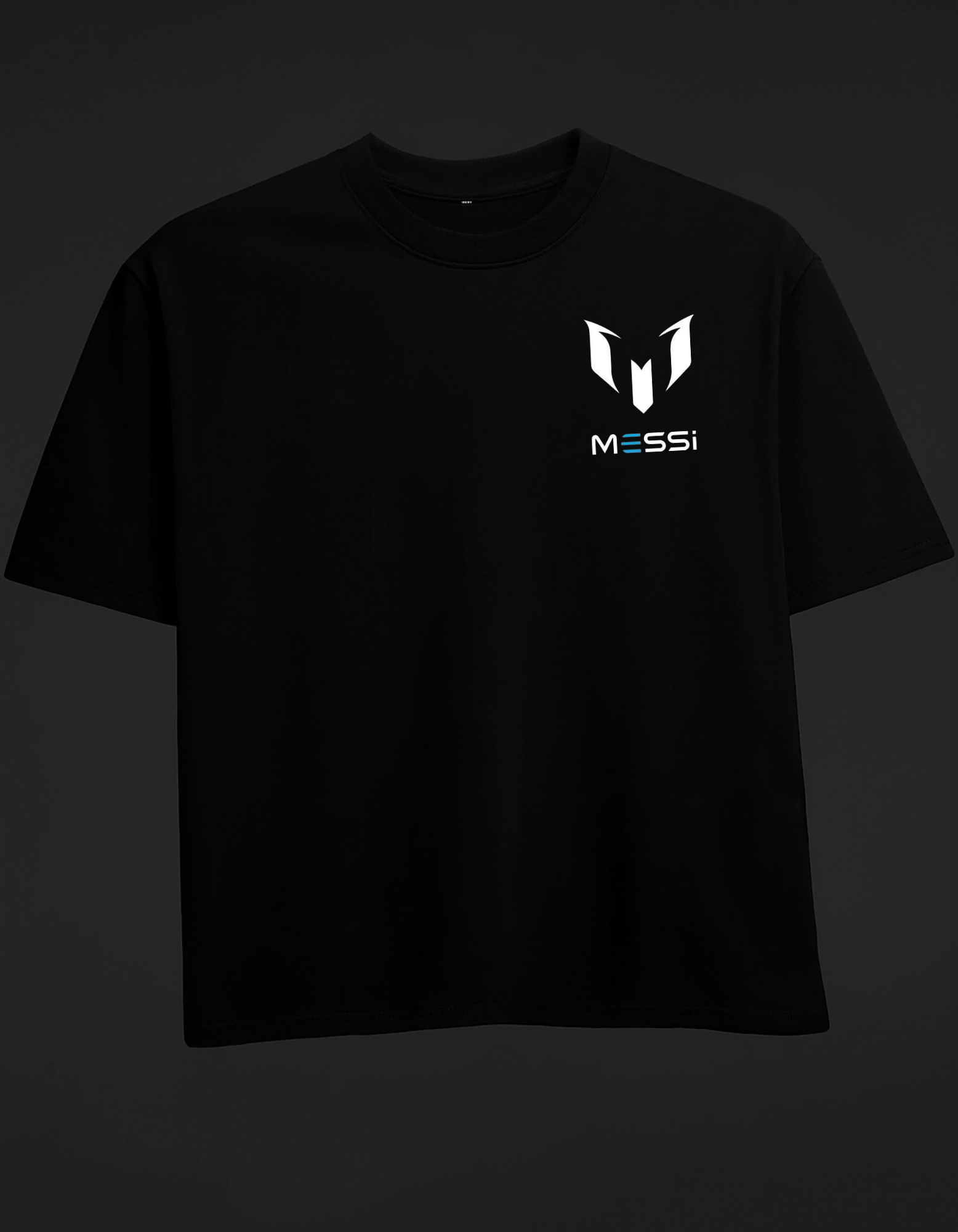 Black t-shirt with Messi logo on a dark background