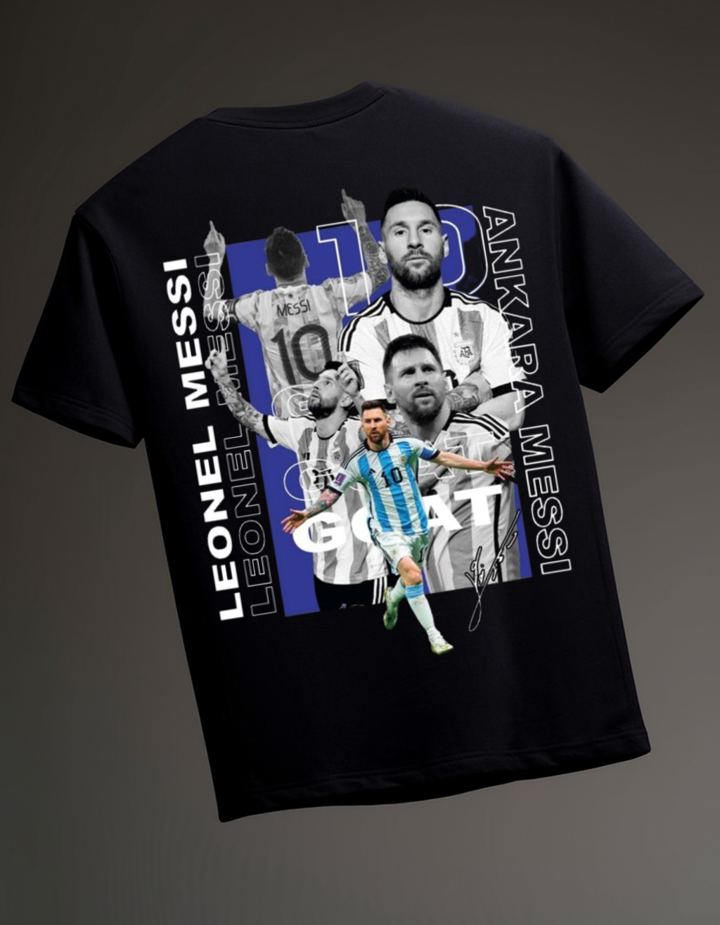 Black t-shirt with images of a soccer player and text on a dark background