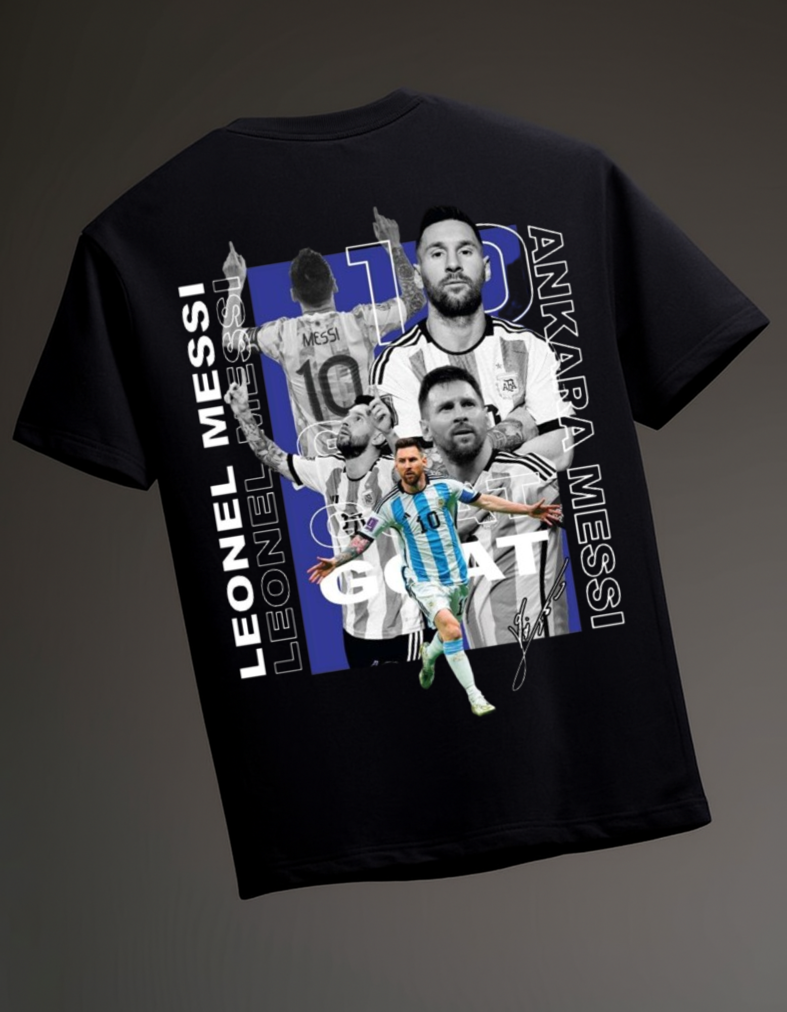 Black t-shirt with images of a soccer player and text on a dark background